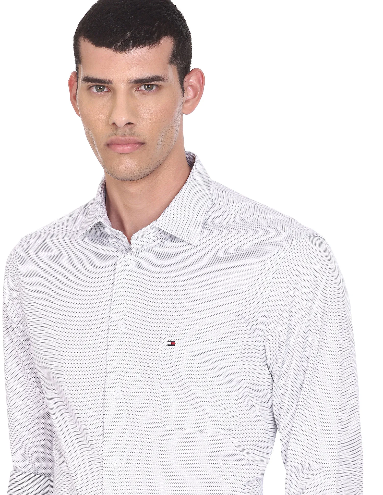 Tommy Hilfiger Men White Geometric Dobby Weave Pure Cotton Formal Shirt