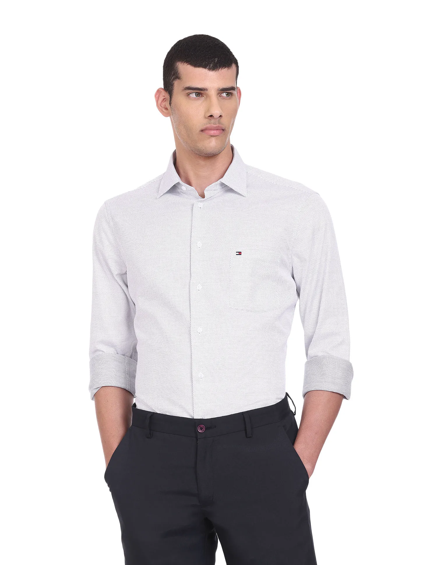 Tommy Hilfiger Men White Geometric Dobby Weave Pure Cotton Formal Shirt