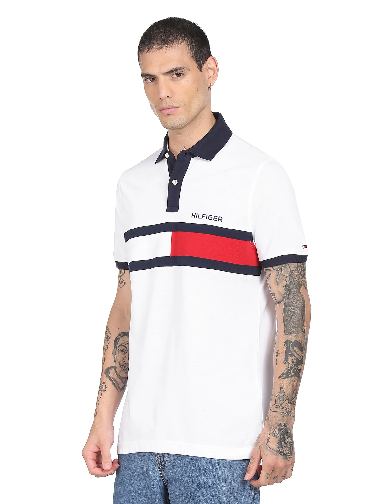 Tommy Hilfiger Men White Holly Brand Stripe Pure Cotton Polo Shirt