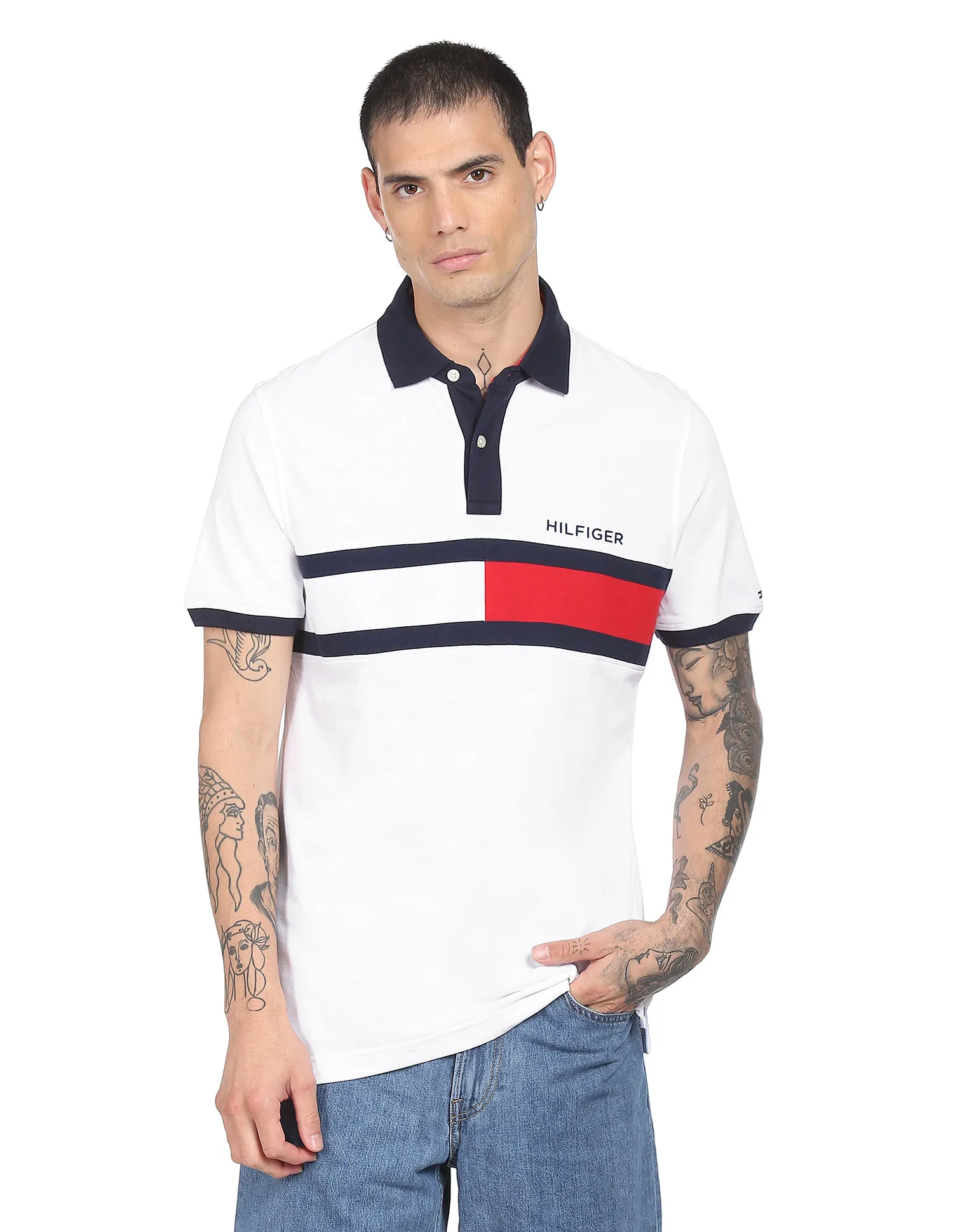 Tommy Hilfiger Men White Holly Brand Stripe Pure Cotton Polo Shirt