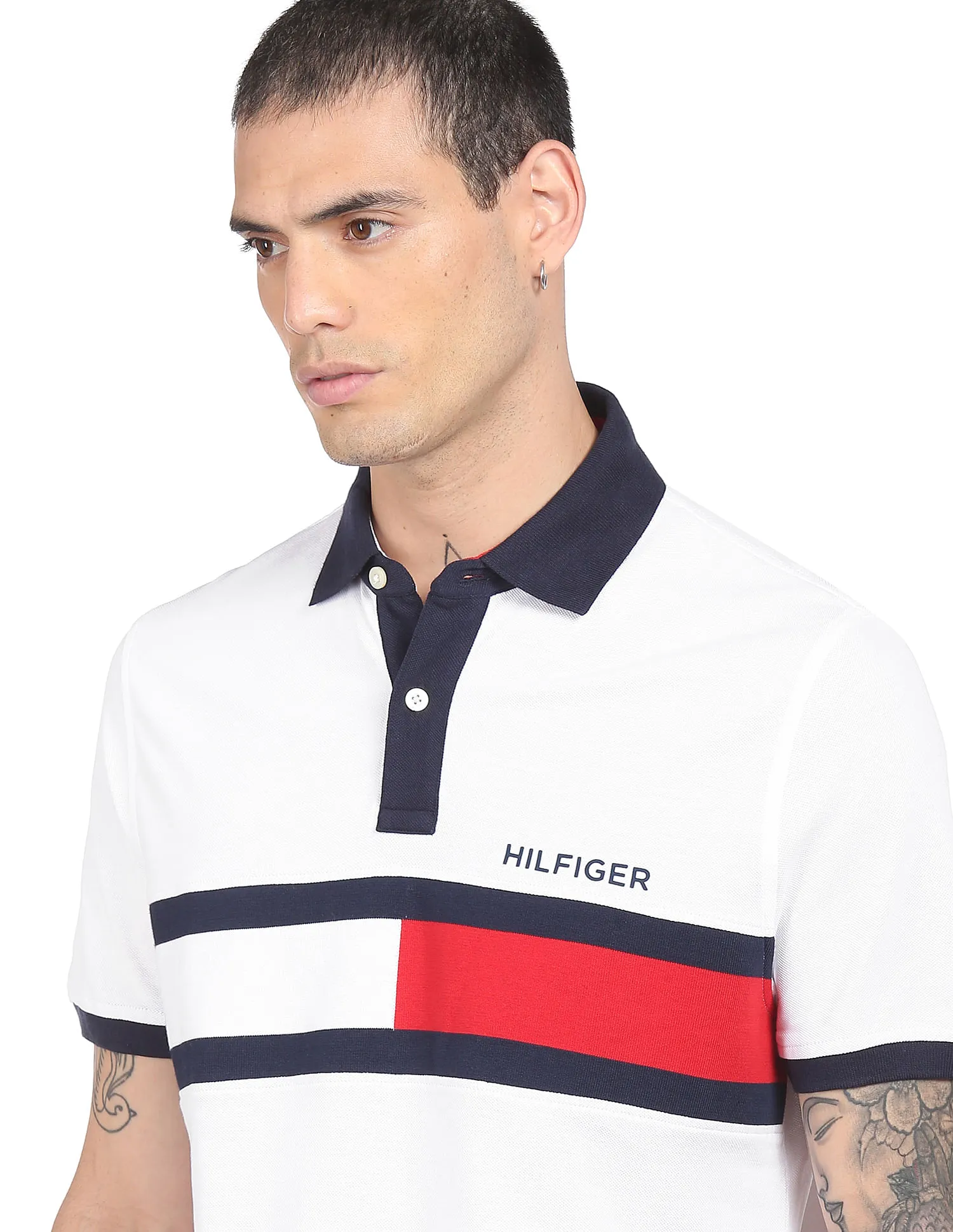 Tommy Hilfiger Men White Holly Brand Stripe Pure Cotton Polo Shirt