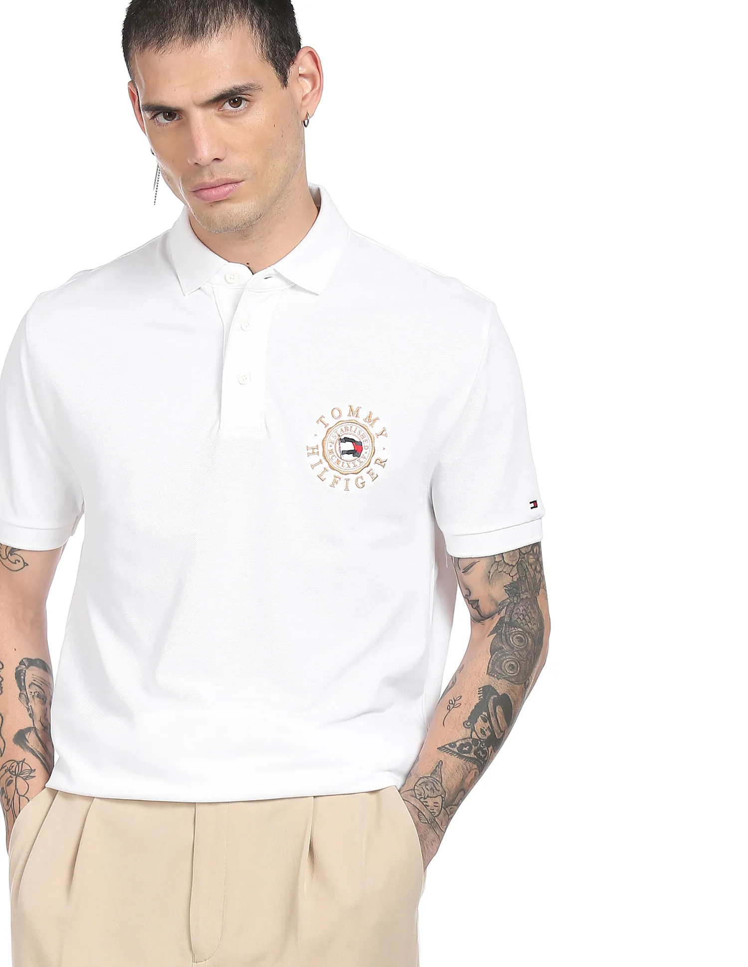 Tommy Hilfiger Men White Icon Round Logo Pure Cotton Regular Fit Solid Polo Shirt