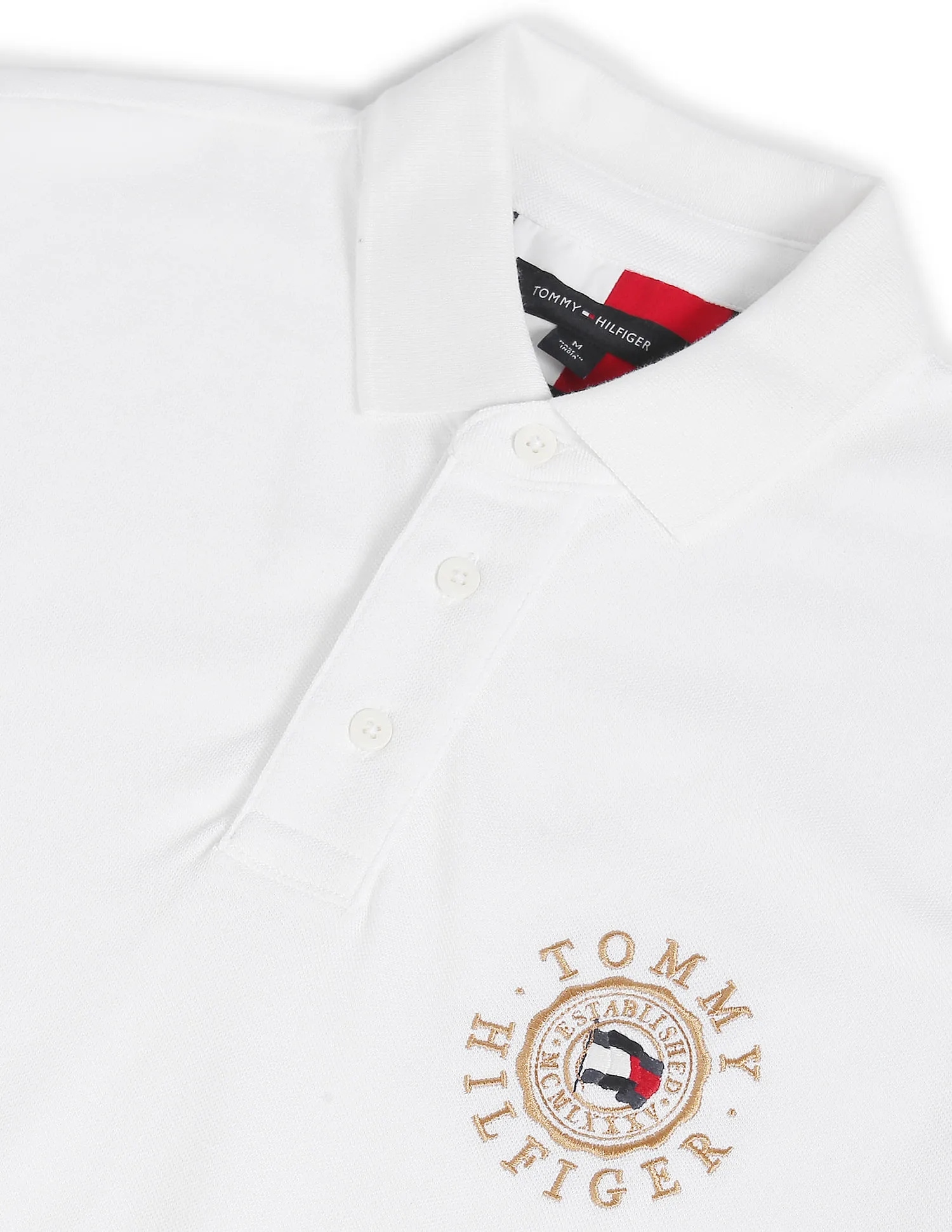 Tommy Hilfiger Men White Icon Round Logo Pure Cotton Regular Fit Solid Polo Shirt