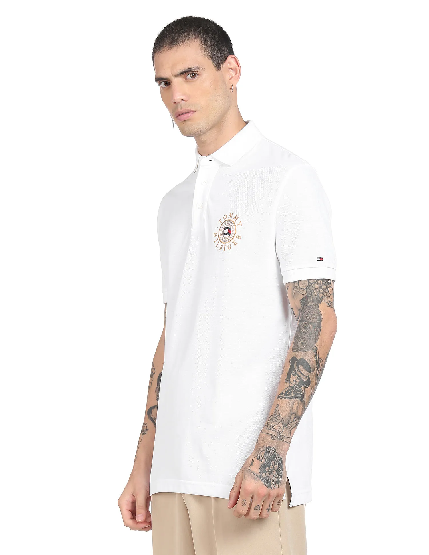 Tommy Hilfiger Men White Icon Round Logo Pure Cotton Regular Fit Solid Polo Shirt