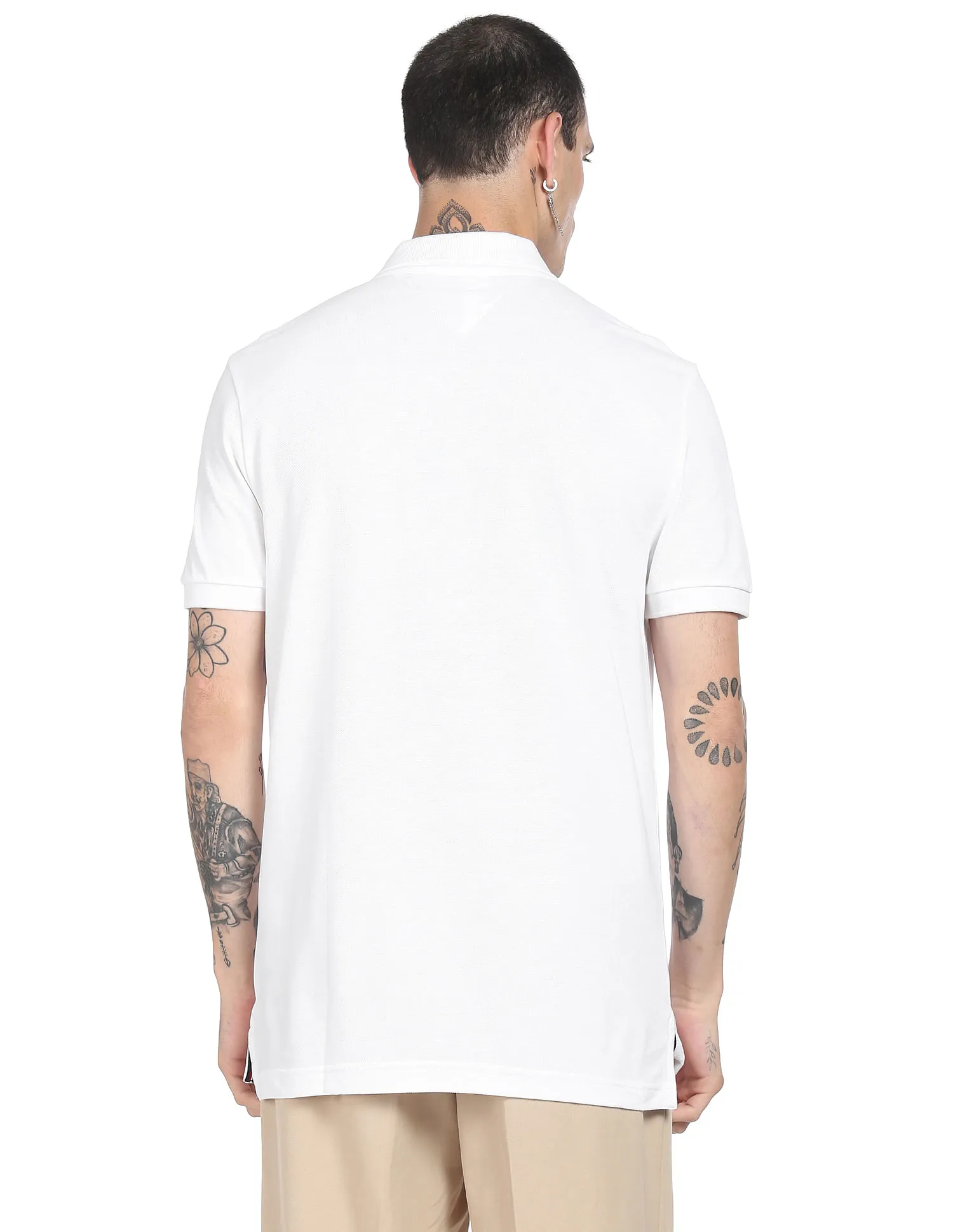 Tommy Hilfiger Men White Icon Round Logo Pure Cotton Regular Fit Solid Polo Shirt