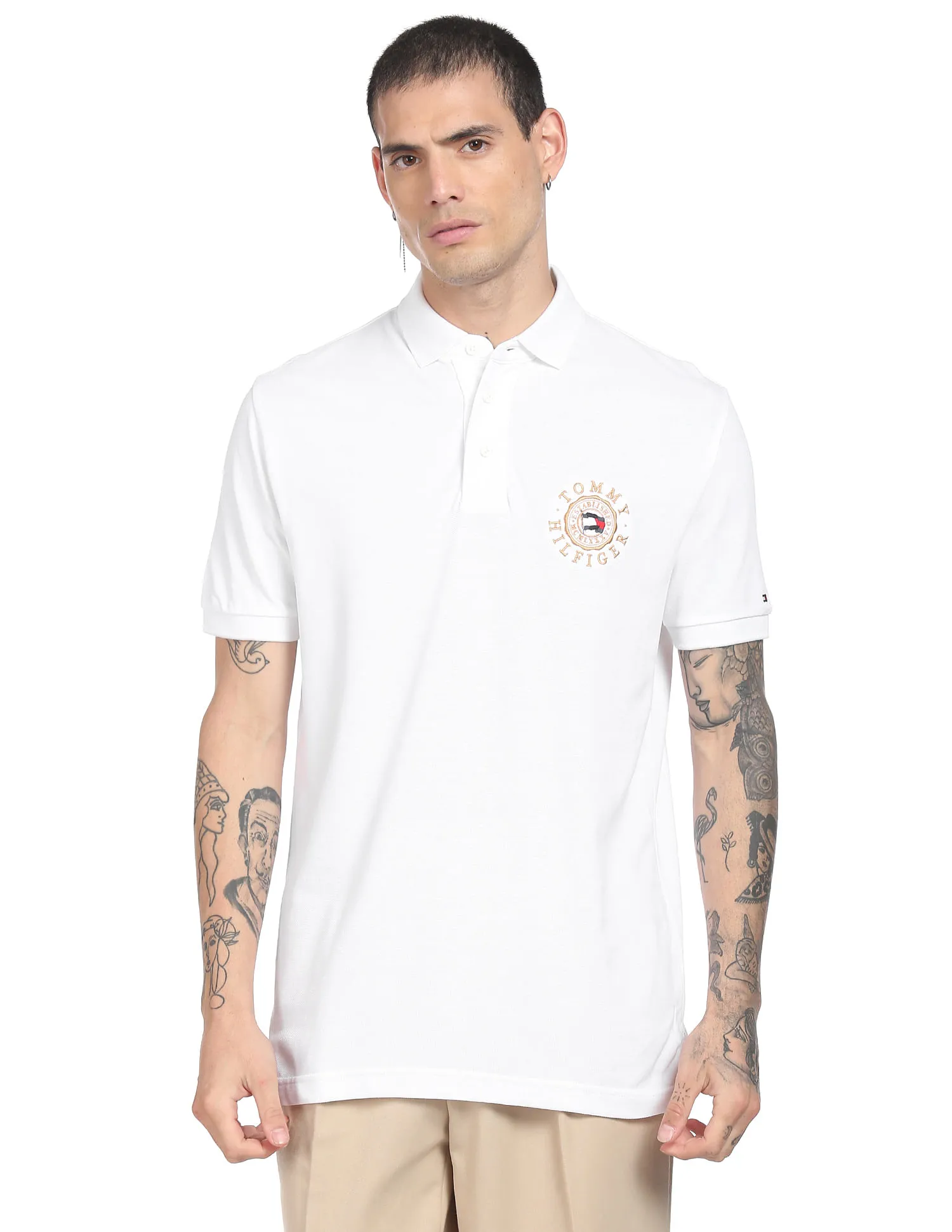 Tommy Hilfiger Men White Icon Round Logo Pure Cotton Regular Fit Solid Polo Shirt