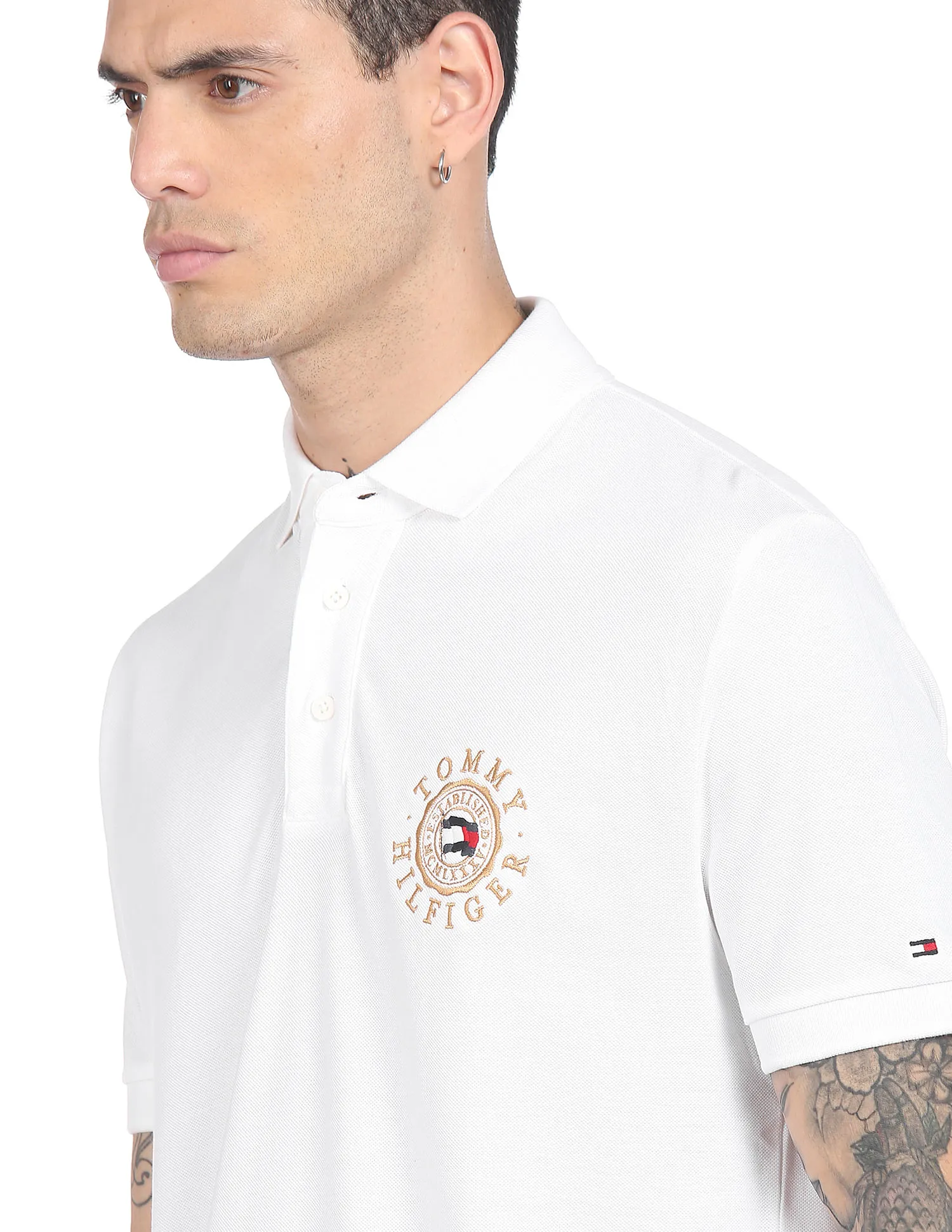 Tommy Hilfiger Men White Icon Round Logo Pure Cotton Regular Fit Solid Polo Shirt