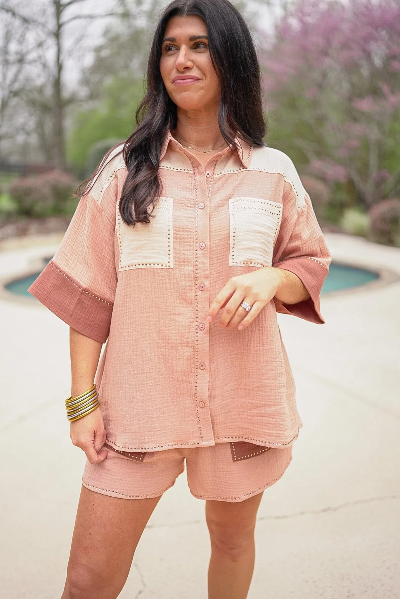 Vacation Glam Taupe Rhinestone Top