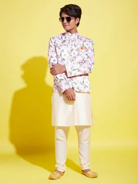 VASTRAMAY Floral Printed Pink Bandhgala Prince Coat Jodhpuri With Cream Kurta Pyjama Set