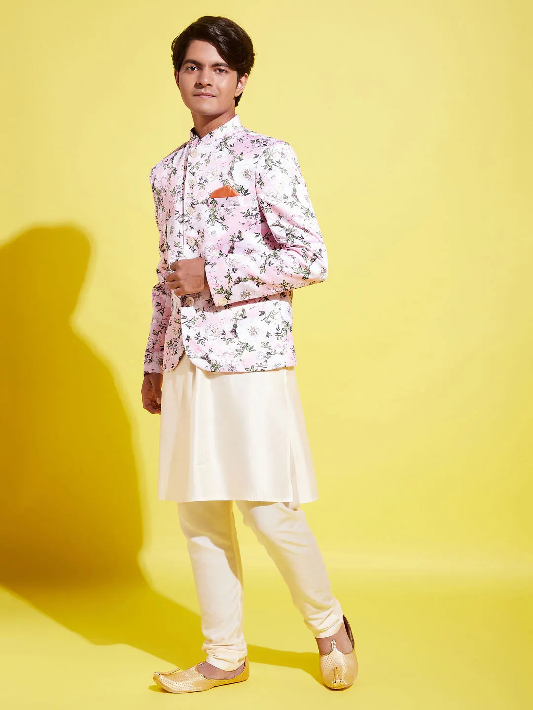 VASTRAMAY Floral Printed Pink Bandhgala Prince Coat Jodhpuri With Cream Kurta Pyjama Set