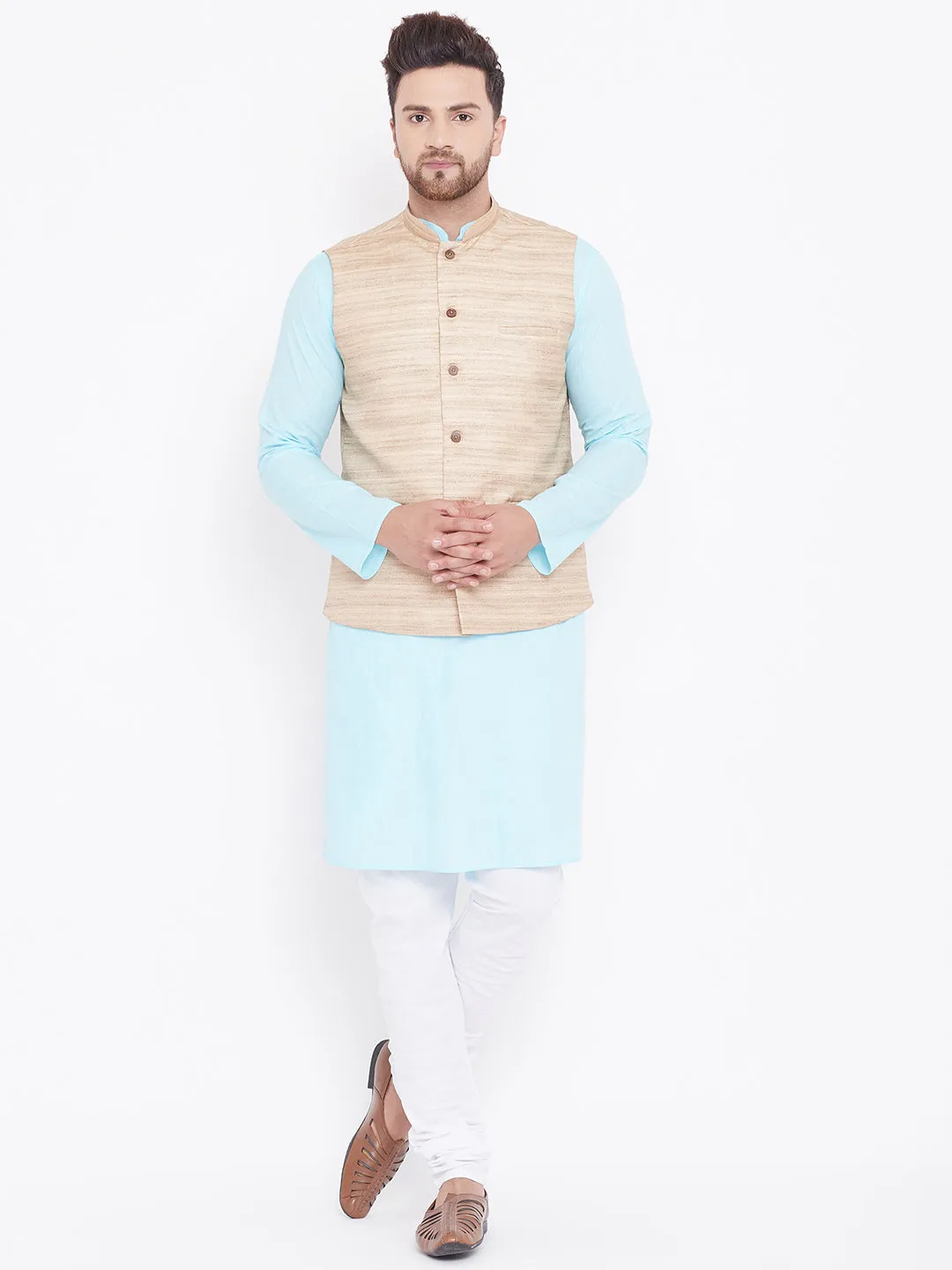 VASTRAMAY Men's Beige, Aqua And White Cotton Blend Jacket, Kurta and Pyjama Set