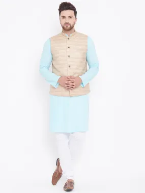 VASTRAMAY Men's Beige, Aqua And White Cotton Blend Jacket, Kurta and Pyjama Set