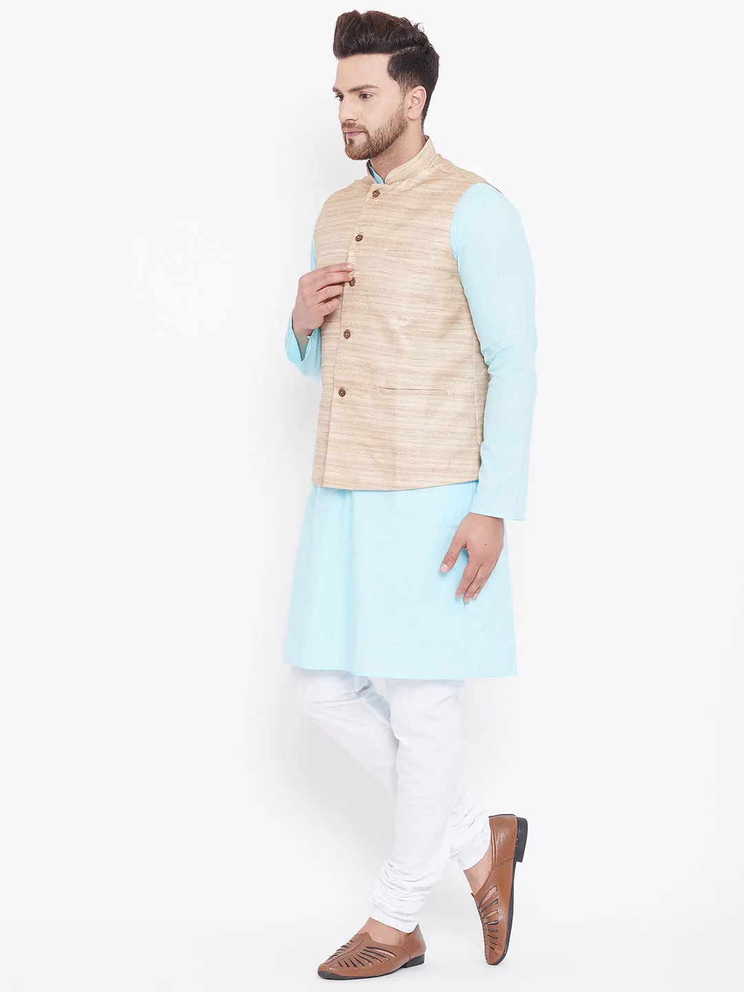 VASTRAMAY Men's Beige, Aqua And White Cotton Blend Jacket, Kurta and Pyjama Set