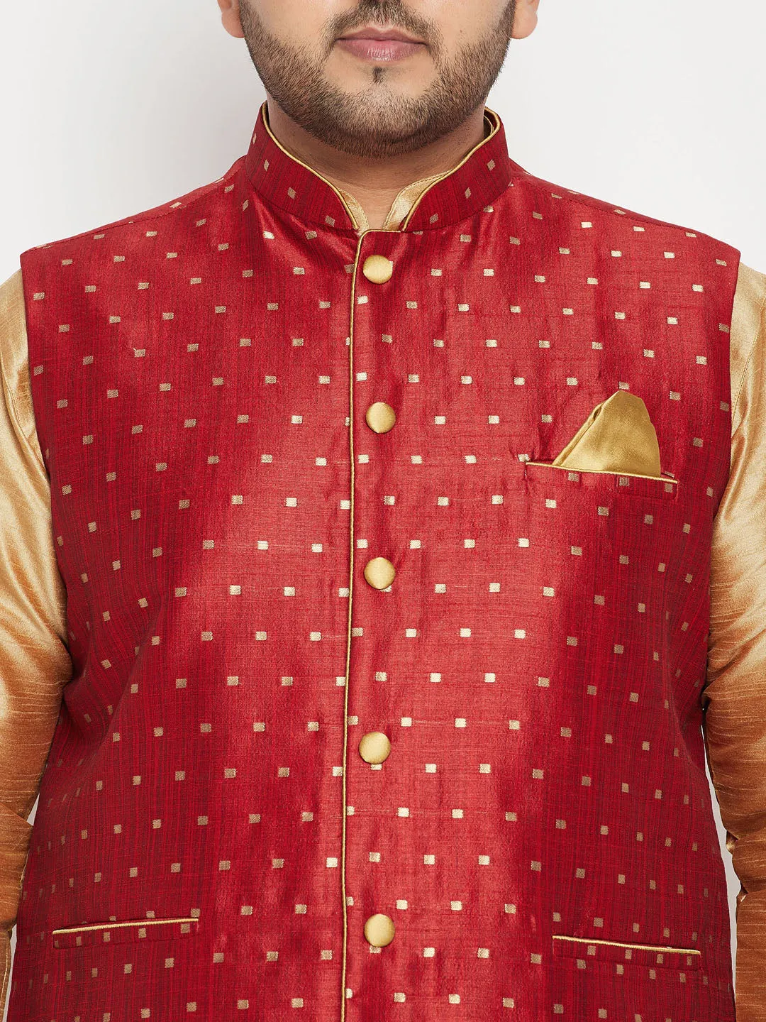 VASTRAMAY Men's Plus Size Maroon Zari Weaved Nehru Jacket With Kurta Pyjama set