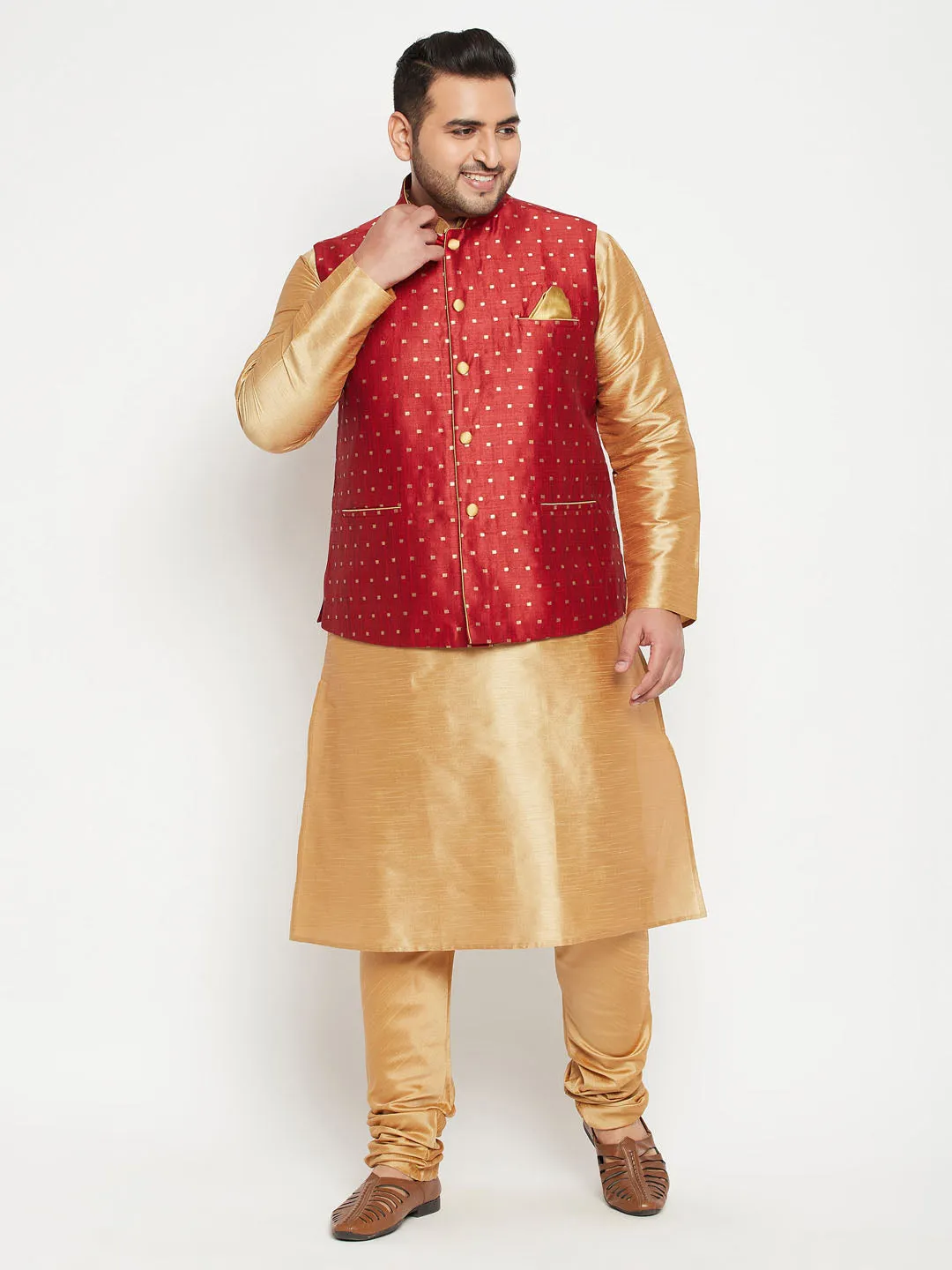 VASTRAMAY Men's Plus Size Maroon Zari Weaved Nehru Jacket With Kurta Pyjama set