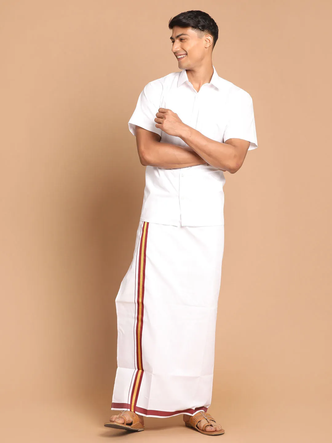 VASTRAMAY Men's White Pure Cotton Shirt And Mundu Set