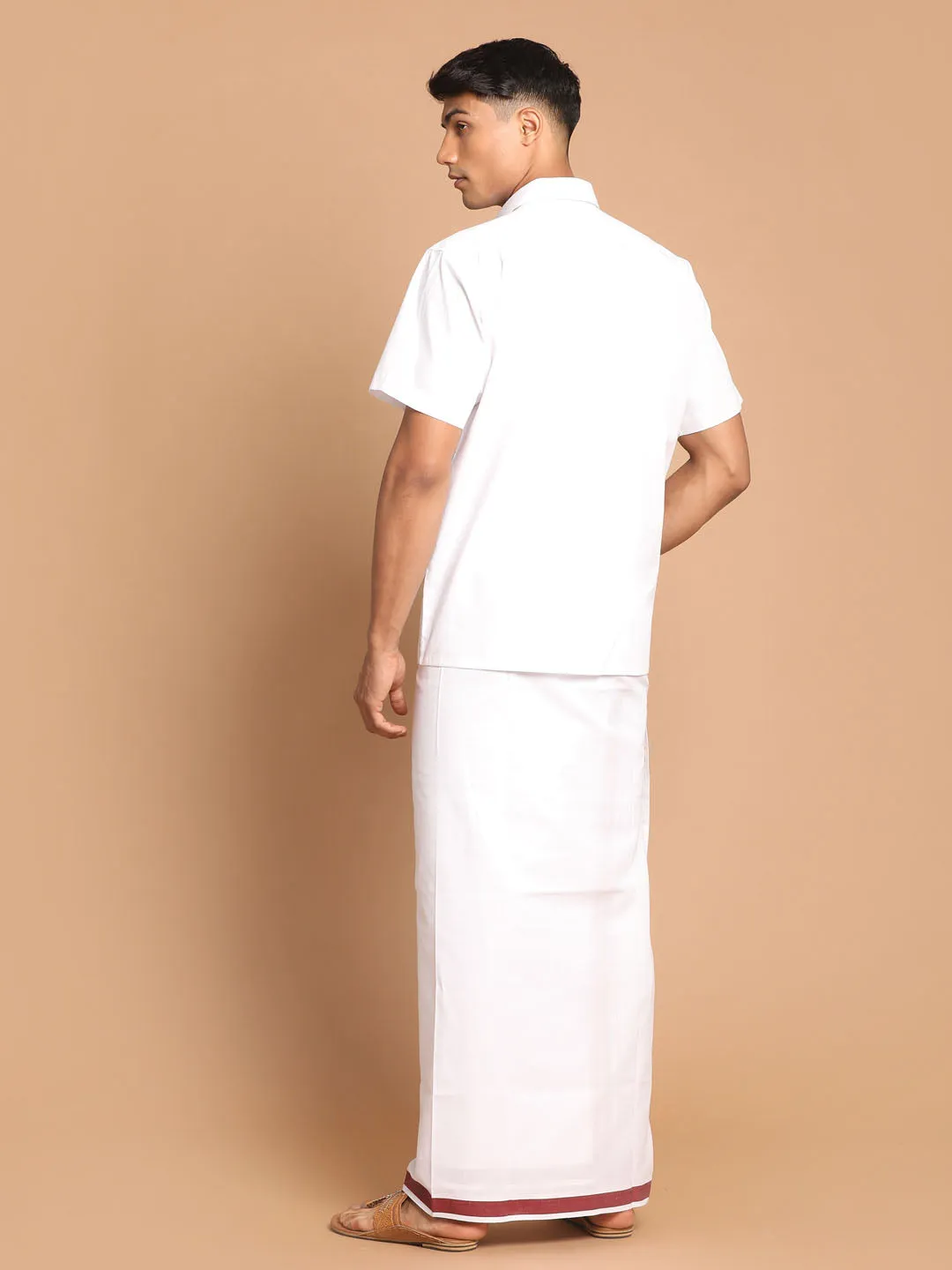 VASTRAMAY Men's White Pure Cotton Shirt And Mundu Set