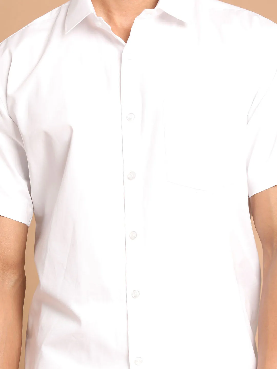 VASTRAMAY Men's White Pure Cotton Shirt And Mundu Set