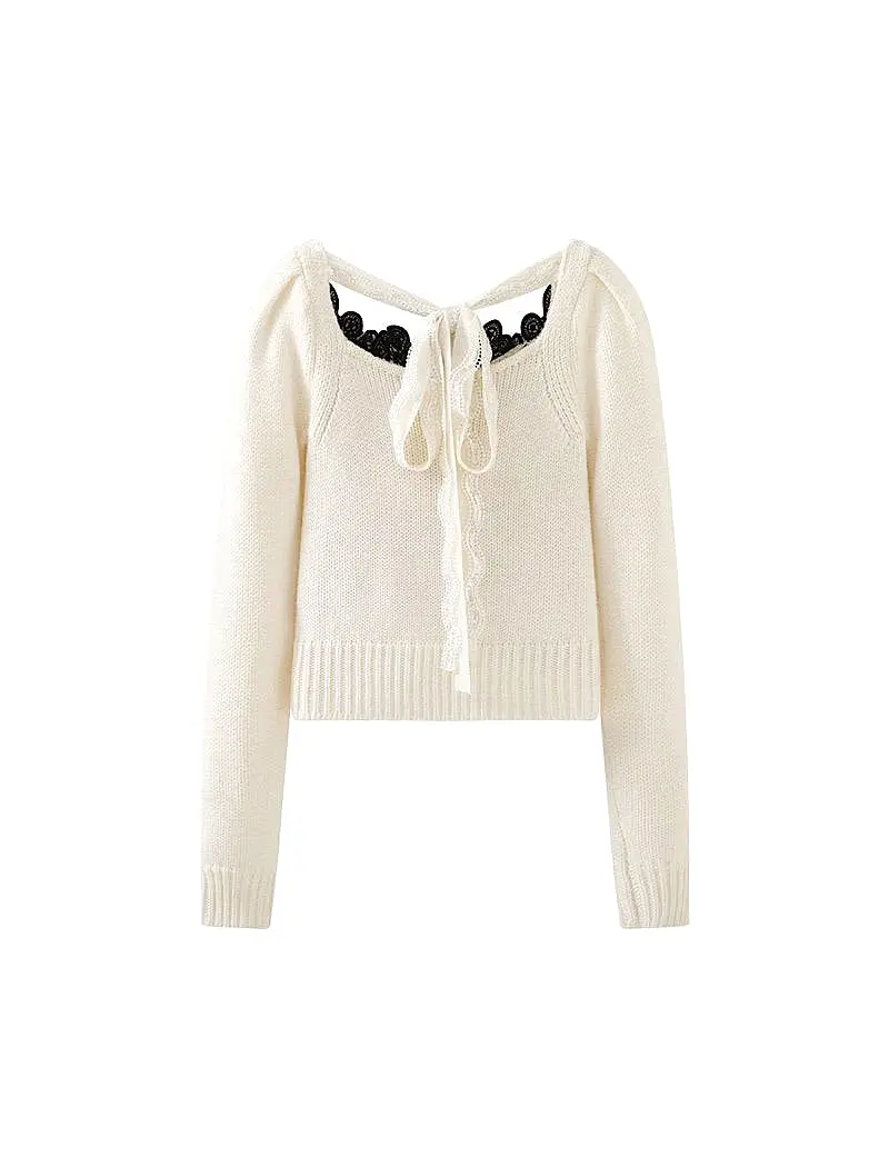 White Long Sleeve Knit Embroidered Top